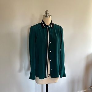 Rag and Bone silk green blouse with navy blue trim on collar and white buttons